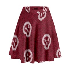 White Skulls On Red Shiny Background High Waist Skirt by SychEva