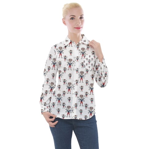 Sketchy Style Scarecrow Drawing Motif Pattern Women s Long Sleeve Pocket Shirt by dflcprintsclothing