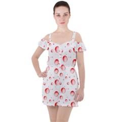 Red Drops On White Background Ruffle Cut Out Chiffon Playsuit by SychEva