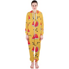 Slices Of Juicy Red Watermelon On A Yellow Background Hooded Jumpsuit (ladies)  by SychEva