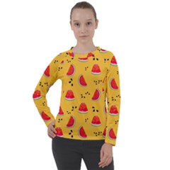 Slices Of Juicy Red Watermelon On A Yellow Background Women s Long Sleeve Raglan Tee