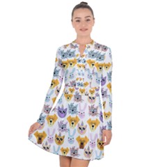 Funny Animal Faces With Glasses On A White Background Long Sleeve Panel Dress by SychEva