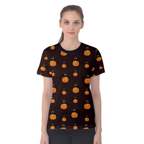 Halloween Pumpkins Pattern, Witch Hat Jack O  Lantern Women s Cotton Tee by Casemiro