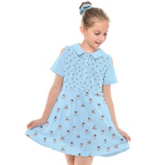 Cute Kawaii Dogs Pattern At Sky Blue Kids  Short Sleeve Shirt Dress