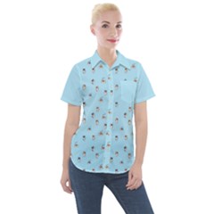 Cute Kawaii Dogs Pattern At Sky Blue Women s Short Sleeve Pocket Shirt