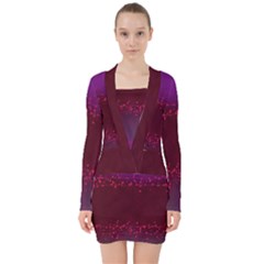 Red Splashes On Purple Background V-neck Bodycon Long Sleeve Dress by SychEva