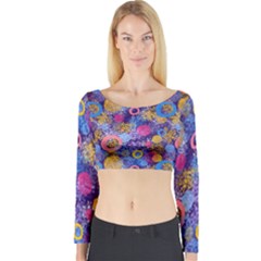 Multicolored Splashes And Watercolor Circles On A Dark Background Long Sleeve Crop Top by SychEva