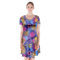 Multicolored Splashes And Watercolor Circles On A Dark Background Short Sleeve V-neck Flare Dress by SychEva