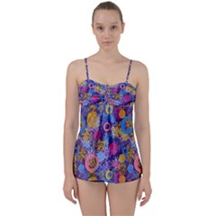 Multicolored Splashes And Watercolor Circles On A Dark Background Babydoll Tankini Set by SychEva