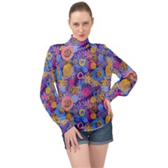 Multicolored Splashes And Watercolor Circles On A Dark Background High Neck Long Sleeve Chiffon Top by SychEva