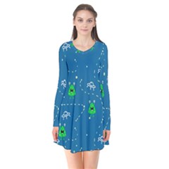 Funny Aliens With Spaceships Long Sleeve V-neck Flare Dress by SychEva