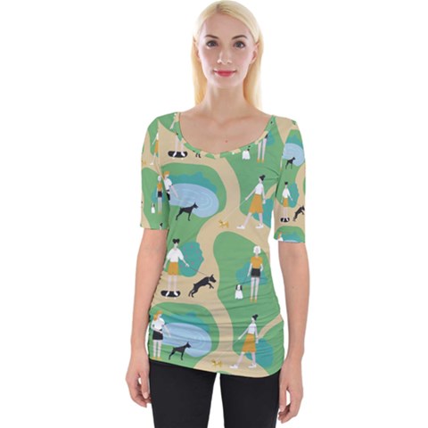 Girls With Dogs For A Walk In The Park Wide Neckline Tee by SychEva