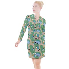 Girls With Dogs For A Walk In The Park Button Long Sleeve Dress by SychEva