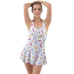 Multicolored Pencils And Erasers Ruffle Top Dress Swimsuit by SychEva