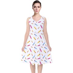 Multicolored Pencils And Erasers V-neck Midi Sleeveless Dress  by SychEva