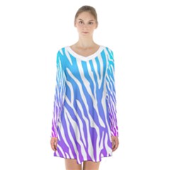 White Tiger Purple & Blue Animal Fur Print Stripes Long Sleeve Velvet V-neck Dress