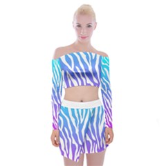 White Tiger Purple & Blue Animal Fur Print Stripes Off Shoulder Top With Mini Skirt Set