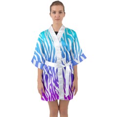 White Tiger Purple & Blue Animal Fur Print Stripes Half Sleeve Satin Kimono 