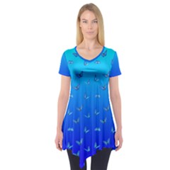 Butterflies At Blue, Two Color Tone Gradient Short Sleeve Tunic  by Casemiro