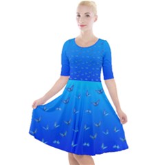 Butterflies At Blue, Two Color Tone Gradient Quarter Sleeve A-line Dress by Casemiro