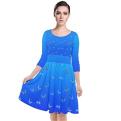 Butterflies At Blue, Two Color Tone Gradient Quarter Sleeve Waist Band Dress by Casemiro