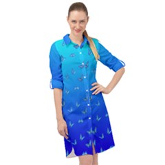 Butterflies At Blue, Two Color Tone Gradient Long Sleeve Mini Shirt Dress by Casemiro