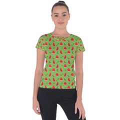 Juicy Slices Of Watermelon On A Green Background Short Sleeve Sports Top  by SychEva