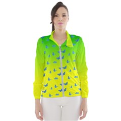 Blue Butterflies At Yellow And Green, Two Color Tone Gradient Women s Windbreaker by Casemiro