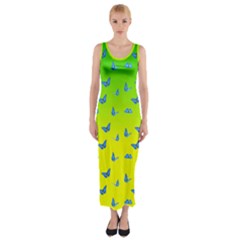 Blue Butterflies At Yellow And Green, Two Color Tone Gradient Fitted Maxi Dress by Casemiro