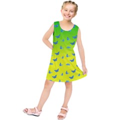 Blue Butterflies At Yellow And Green, Two Color Tone Gradient Kids  Tunic Dress by Casemiro