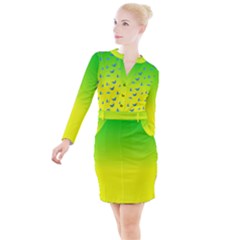 Blue Butterflies At Yellow And Green, Two Color Tone Gradient Button Long Sleeve Dress by Casemiro