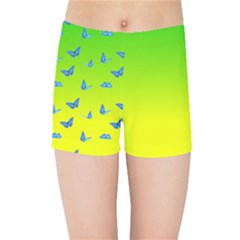 Blue Butterflies At Yellow And Green, Two Color Tone Gradient Kids  Sports Shorts by Casemiro