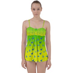 Blue Butterflies At Yellow And Green, Two Color Tone Gradient Babydoll Tankini Set by Casemiro