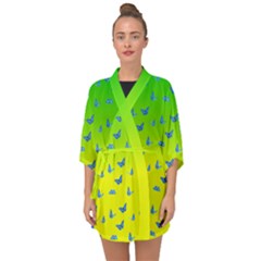 Blue Butterflies At Yellow And Green, Two Color Tone Gradient Half Sleeve Chiffon Kimono by Casemiro