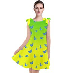 Blue Butterflies At Yellow And Green, Two Color Tone Gradient Tie Up Tunic Dress by Casemiro
