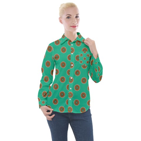 Ethnic Circular Print Women s Long Sleeve Pocket Shirt by designsbymallika