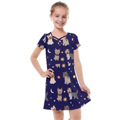 Terrier Cute Dog With Stars Sun And Moon Kids  Cross Web Dress by SychEva