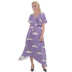 Pug Dog On A Cloud Cross Front Sharkbite Hem Maxi Dress by SychEva