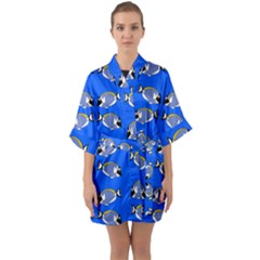 Powder Blue Tang Print Half Sleeve Satin Kimono  by Kritter