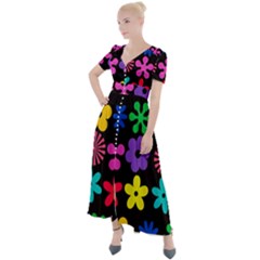 Colorful Flowers On A Black Background Pattern                                                               Button Up Short Sleeve Maxi Dress by LalyLauraFLM