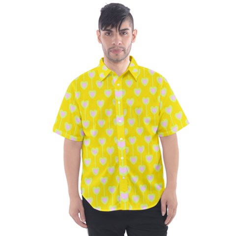 Purple Hearts On Yellow Background Men s Short Sleeve Shirt by SychEva