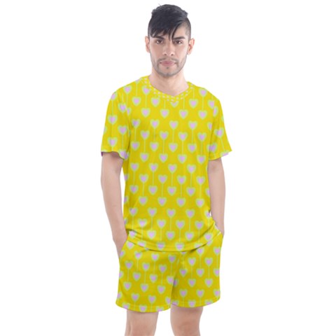 Purple Hearts On Yellow Background Men s Mesh Tee And Shorts Set by SychEva