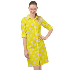 Purple Hearts On Yellow Background Long Sleeve Mini Shirt Dress by SychEva