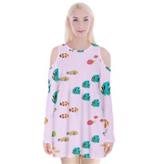 Marine Fish Multicolored On A Pink Background Velvet Long Sleeve Shoulder Cutout Dress by SychEva