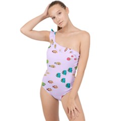 Marine Fish Multicolored On A Pink Background Frilly One Shoulder Swimsuit by SychEva