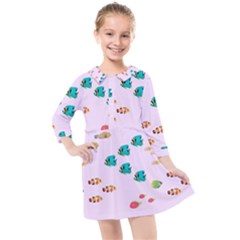 Marine Fish Multicolored On A Pink Background Kids  Quarter Sleeve Shirt Dress by SychEva