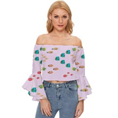 Marine Fish Multicolored On A Pink Background Off Shoulder Flutter Bell Sleeve Top by SychEva
