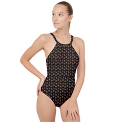 Cute Deer Pattern Black High Neck One Piece Swimsuit by snowwhitegirl