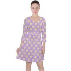 Yellow Hearts On A Light Purple Background Quarter Sleeve Ruffle Waist Dress by SychEva