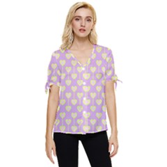 Yellow Hearts On A Light Purple Background Bow Sleeve Button Up Top by SychEva